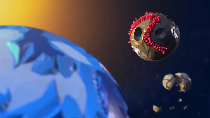Low-poly asteroid with red crystals orbiting a blue planet in space