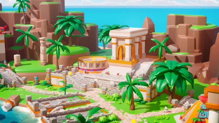 Vibrant cartoon island temple with palm trees and ocean backdrop