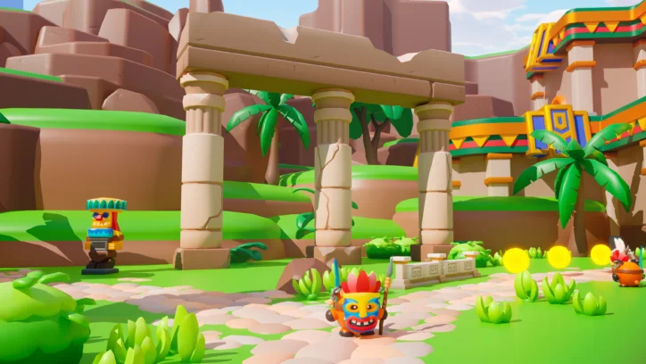 Stylized 3D characters and ancient ruins in a vibrant jungle game environment.
