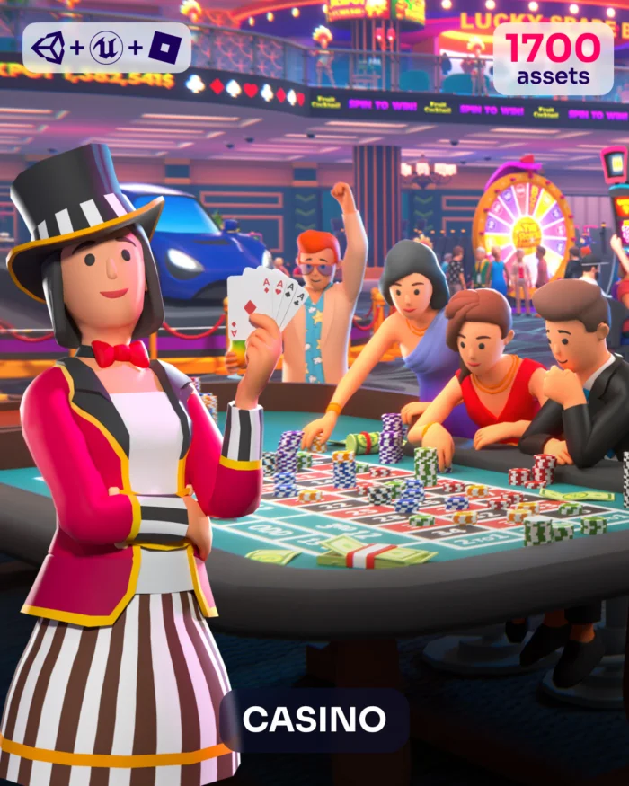 Casino scene with a croupier, roulette table, and players, featuring "CASINO" text.