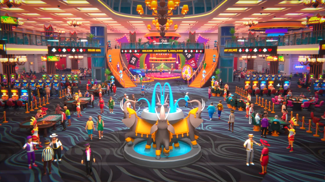 Vibrant casino interior with slot machines, roulette wheels, and elephant fountain.
