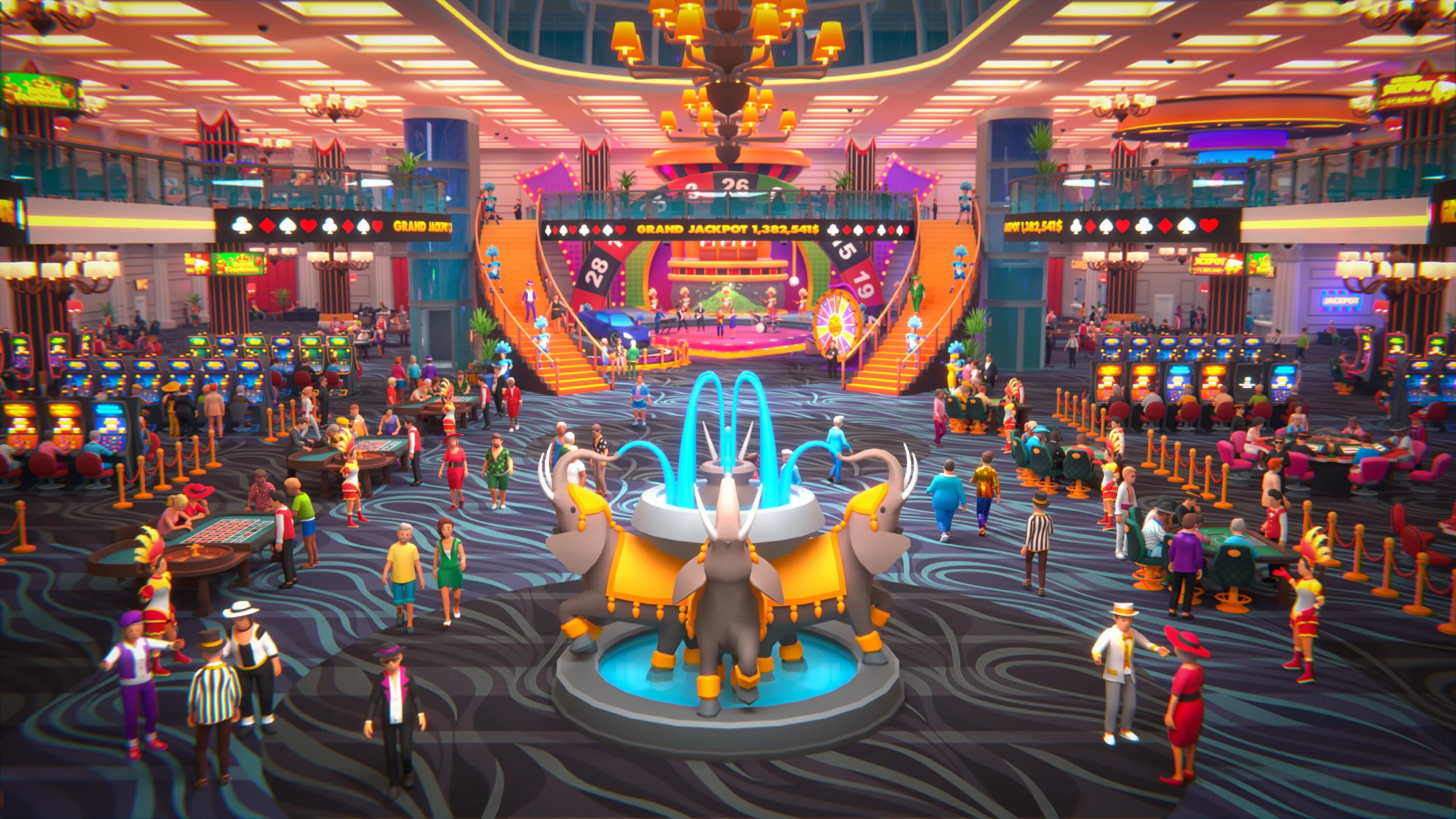Vibrant casino interior with slot machines, roulette wheels, and elephant fountain.
