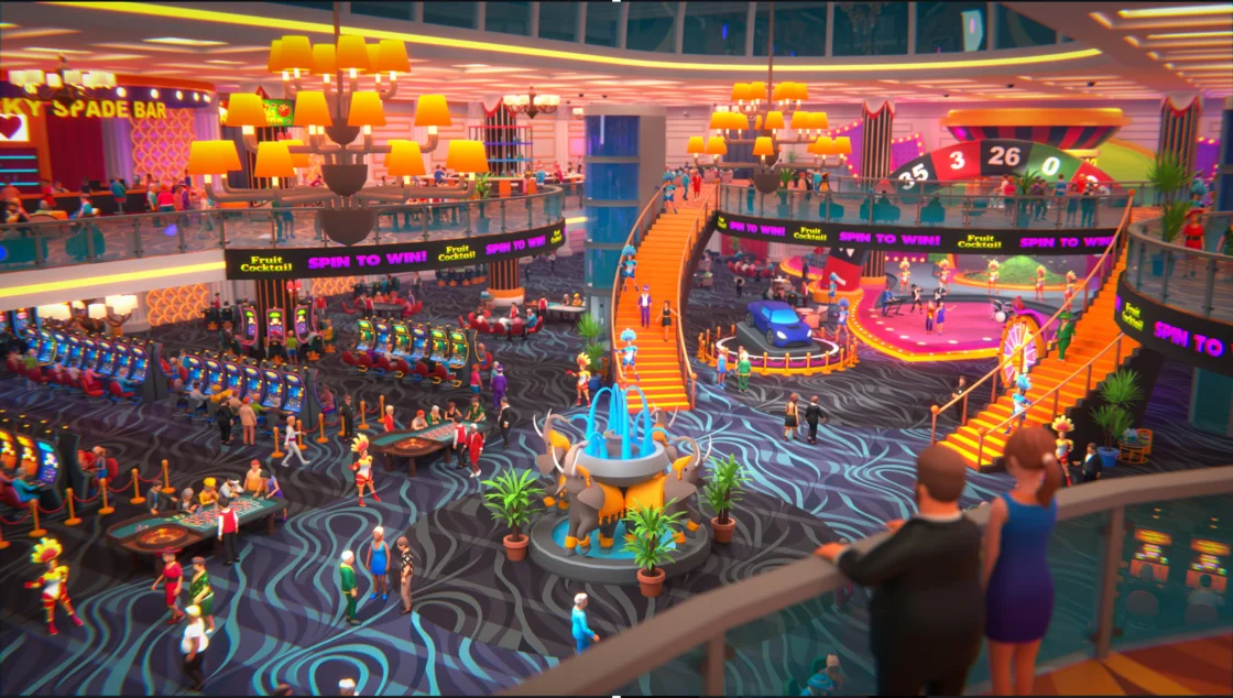 Colorful casino interior with slot machines, roulette wheel, and people playing games