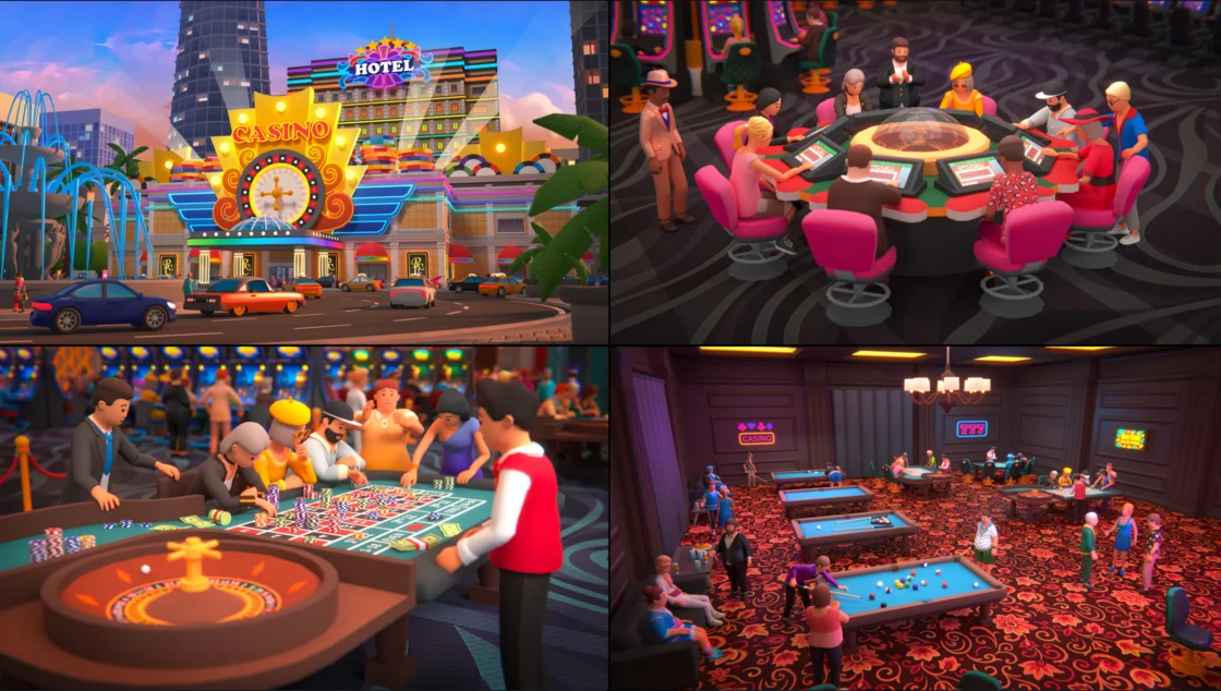 Casino and hotel exterior, people playing casino games and billiard tables