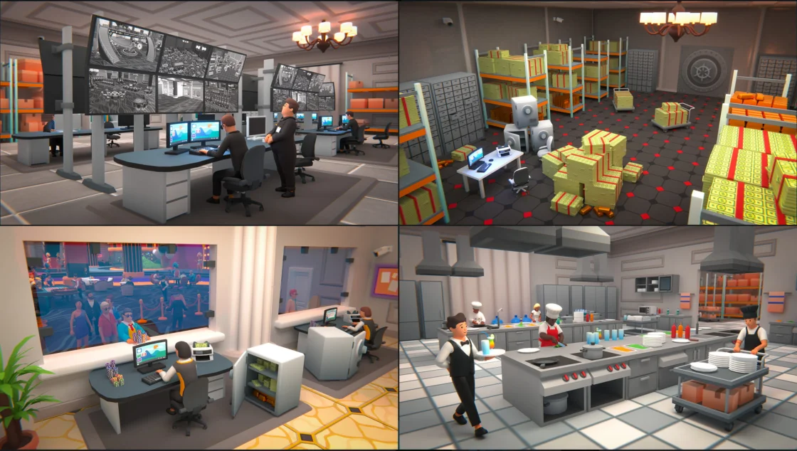 Four scenes: security room, vault, office, and kitchen.
