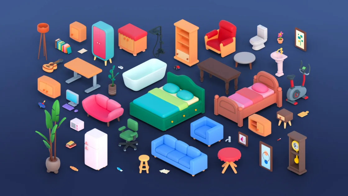 Isometric 3D cartoon furniture set: bed, sofa, wardrobe, bathtub, exercise bike