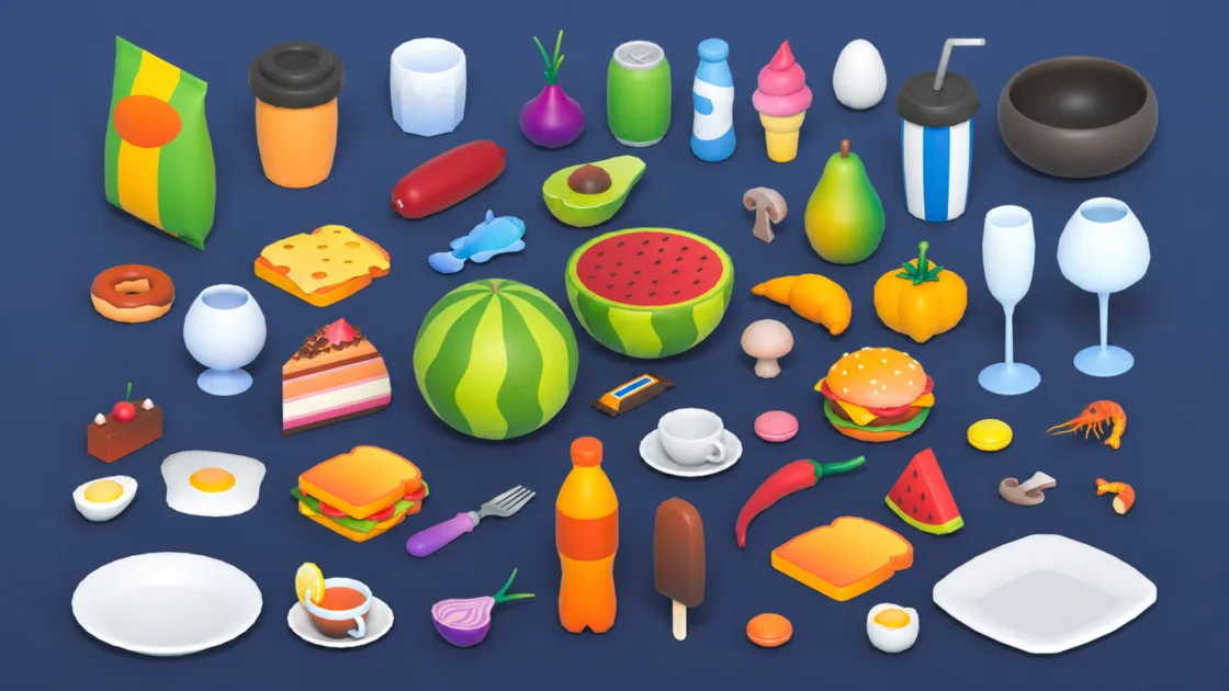 Various food and drink items, including watermelon, burger, ice cream, and drinks.
