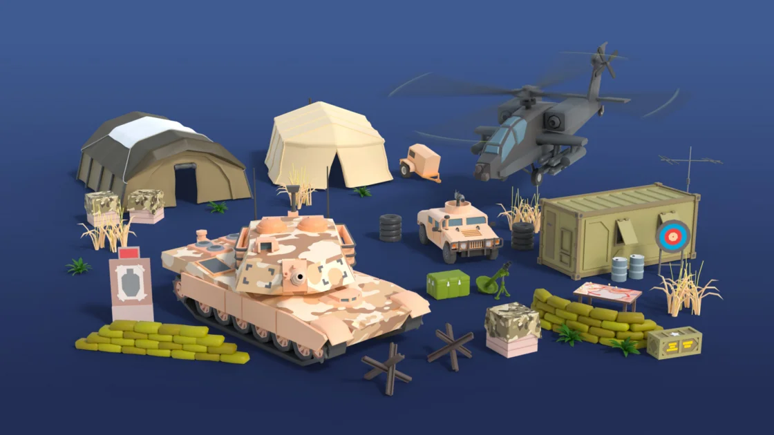 Low poly military assets: tank, helicopter, tents, and supplies