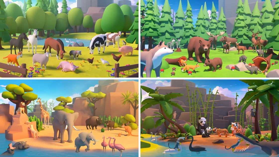 Four cartoon scenes of diverse animals in stylized natural habitats.