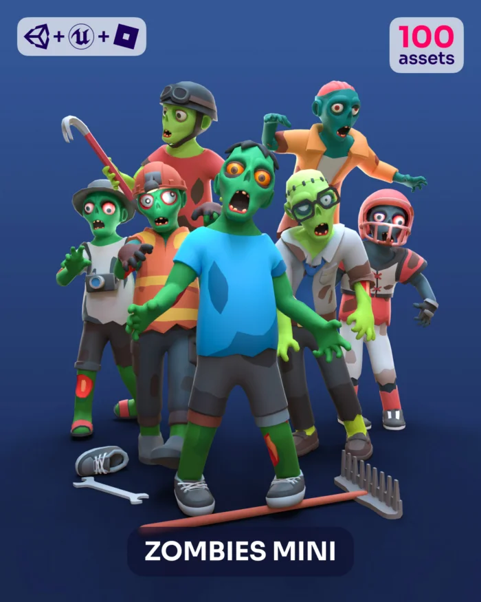 100 cartoon zombie assets with Unity & Unreal Engine logos. "ZOMBIES MINI" text.