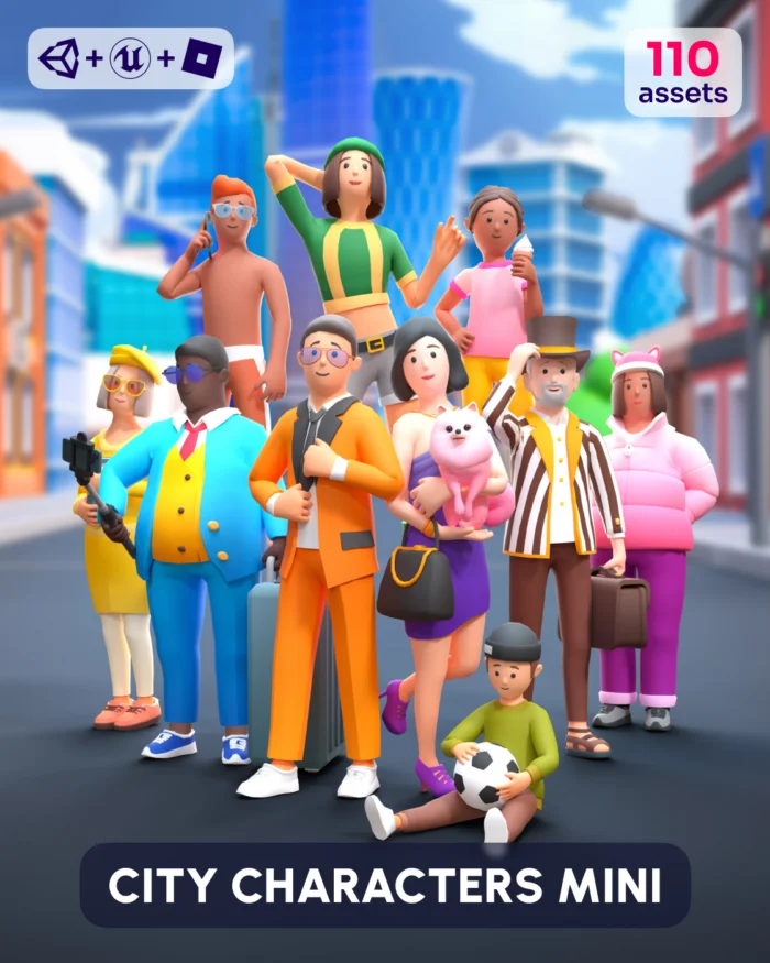 City Characters Mini: 110 diverse 3D assets for game development.