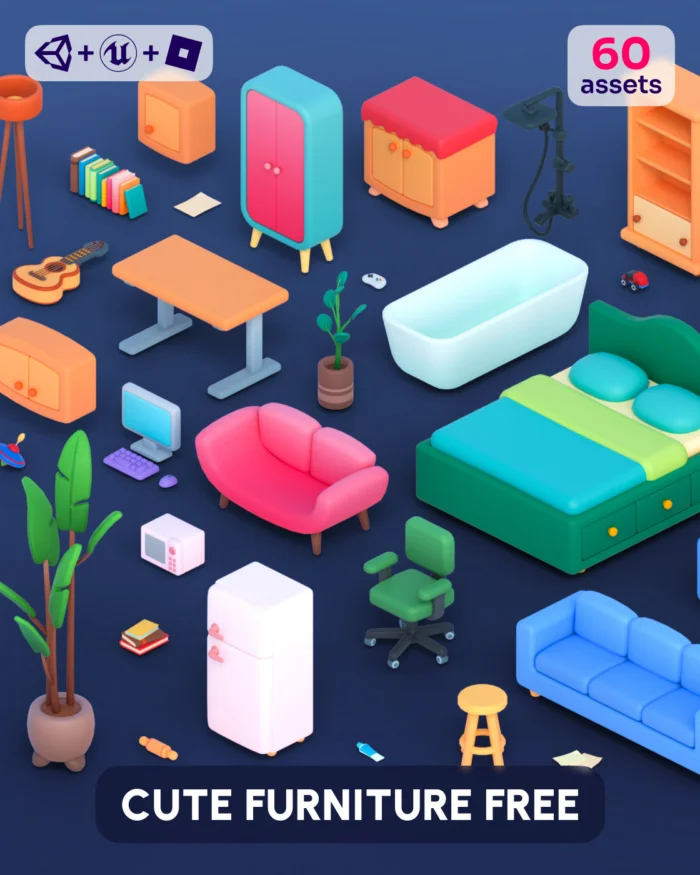 Cute isometric 3D furniture assets, including a bed, sofa, wardrobe, and bathtub.