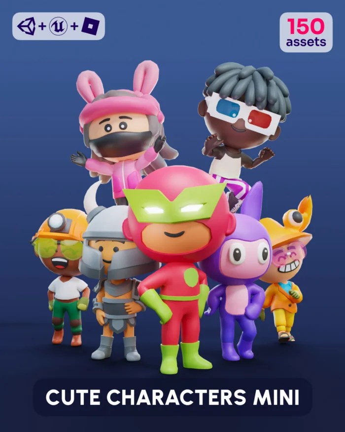 Cute characters mini 3D assets with Unity and Unreal Engine logos. 150 assets.