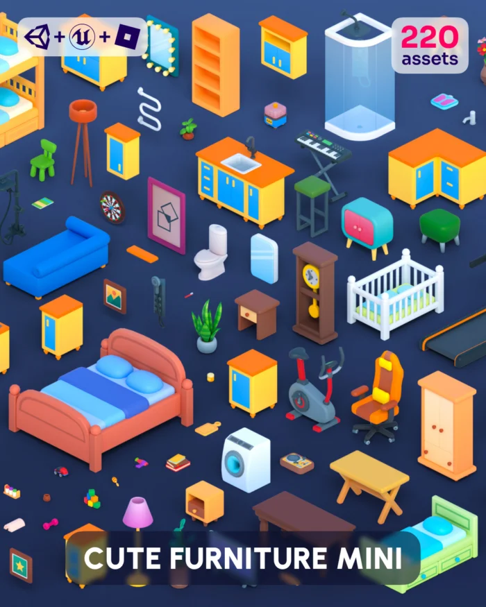Cute furniture mini 3D assets: beds, sofas, cabinets, shower, exercise bike, treadmill, and more.