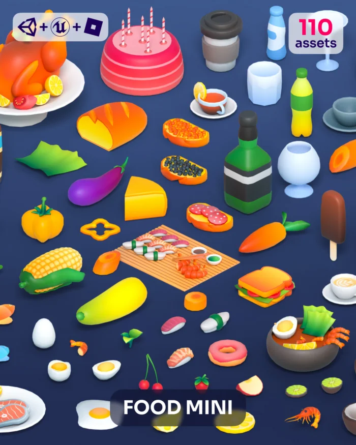 Food mini assets: 110 colorful 3D food icons including turkey, cake, fruits, vegetables, and drinks.