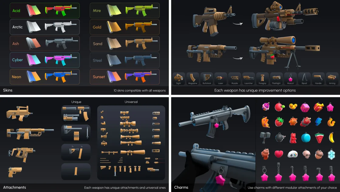 Game weapon customization: skins, attachments, improvement options, and charms.
