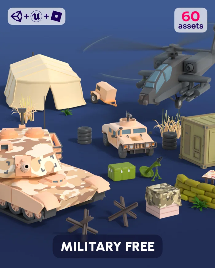 Military assets: tank, helicopter, tent, humvee, and barricades. 60 assets free.