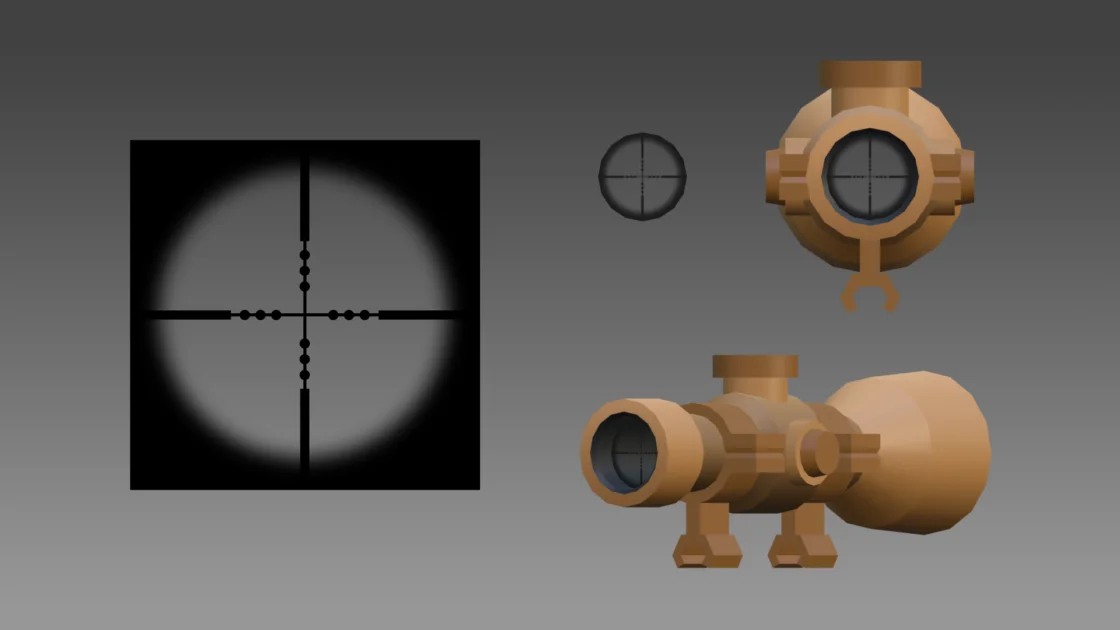 3D model of a rifle scope with reticle and mounting hardware.