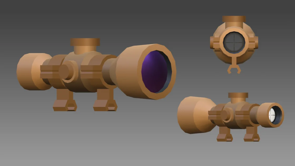 3D model of a rifle scope with detailed reticle and lens effects.