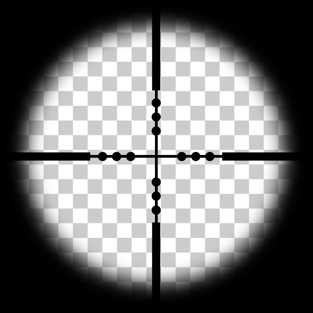 Sniper scope reticle with ranging dots on a transparent background.