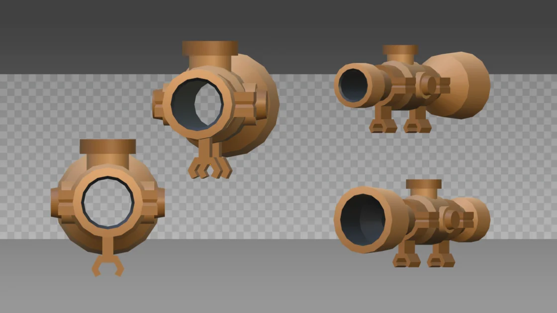 3D model of a steampunk-style optical scope from multiple angles.