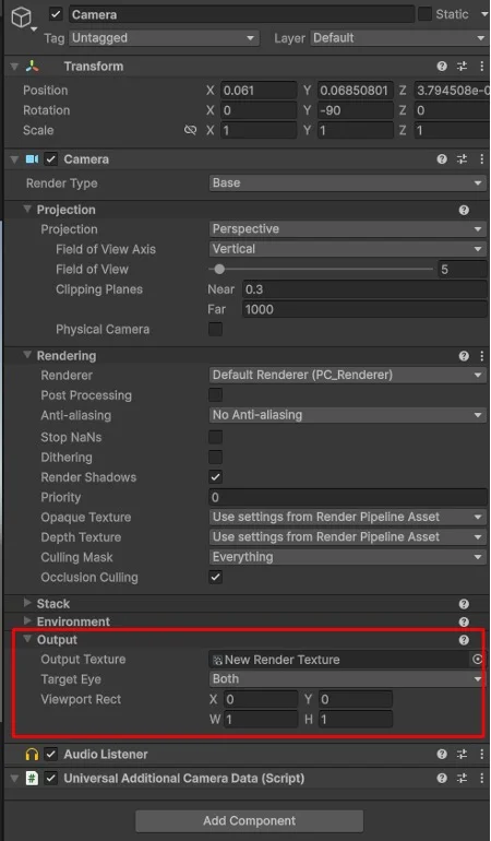 Unity camera settings: Output section shows New Render Texture and Target Texture set to Both.