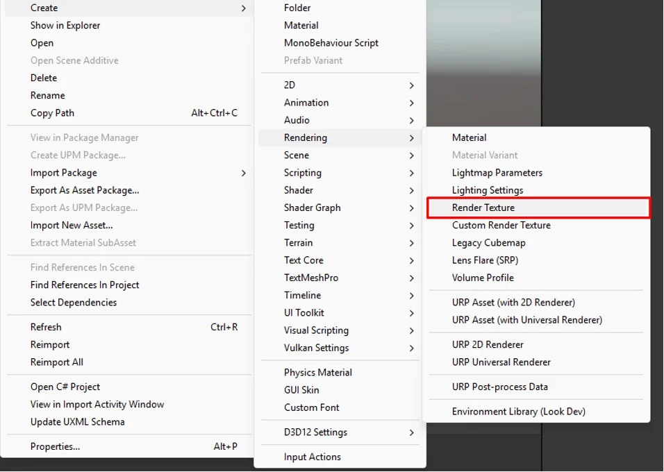 Unity editor shows "Render Texture" selected in the Create menu.