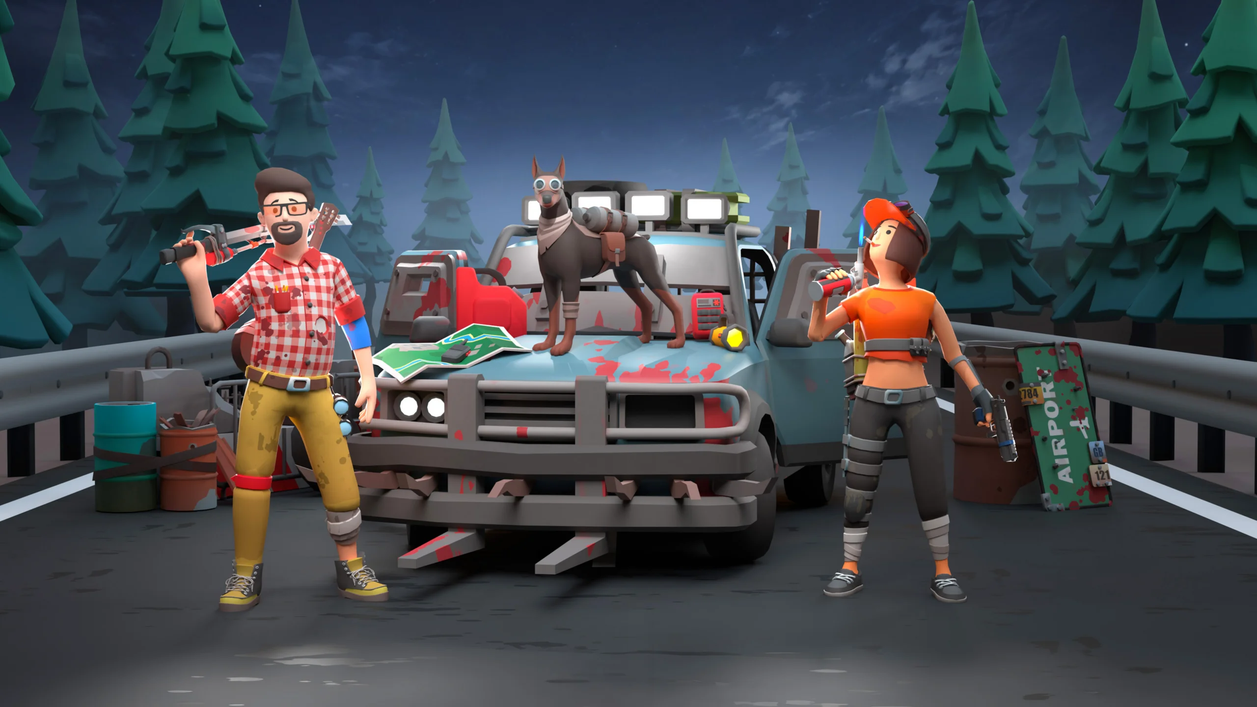 Survivors with dog and truck on road at night