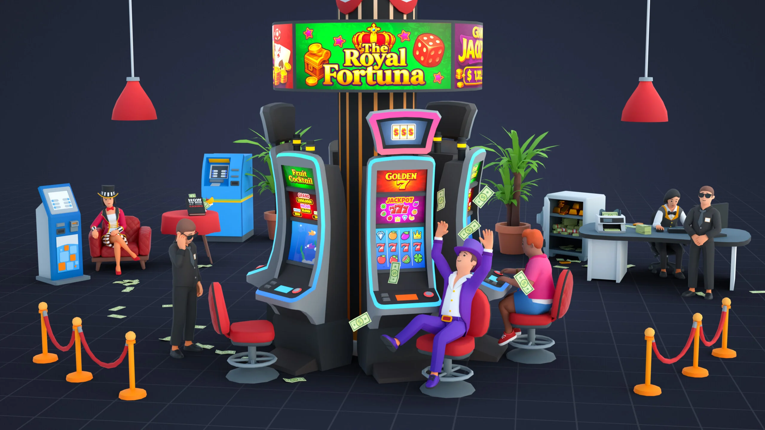 Casino floor with slot machines, people playing, and "The Royal Fortuna" sign.