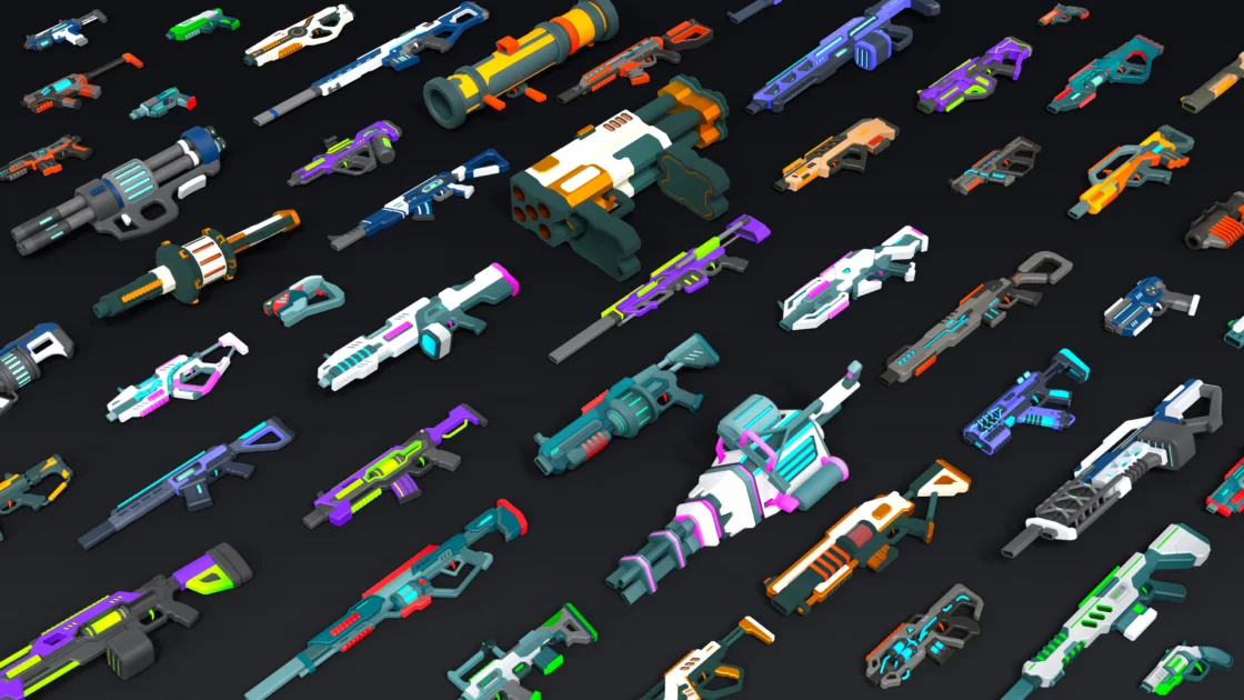 Collection of futuristic, colorful sci-fi weapons and guns