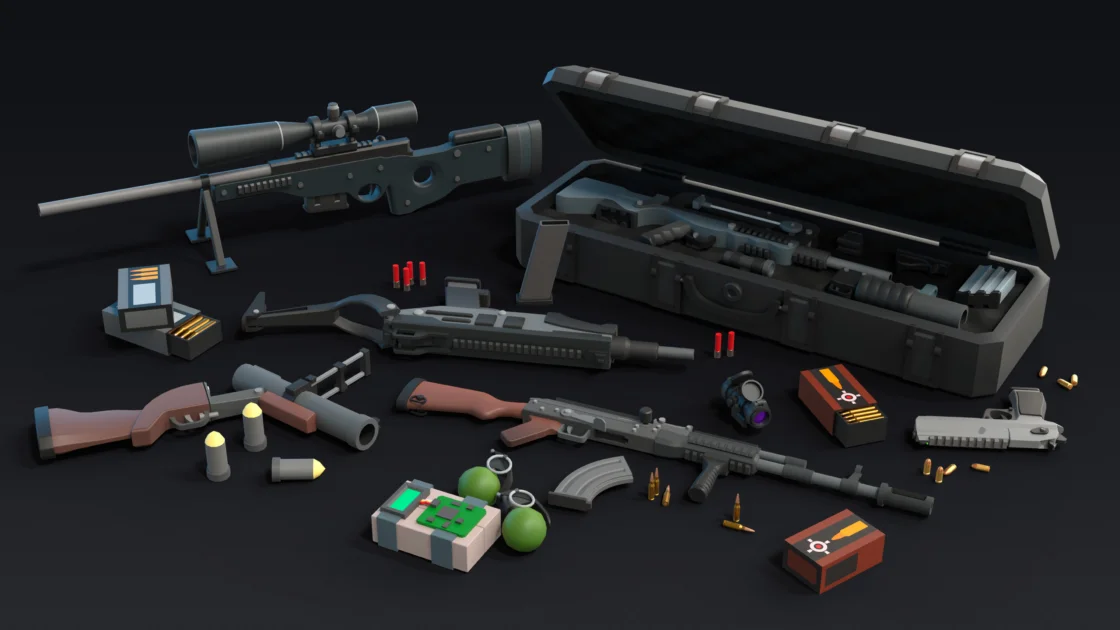 Various firearms, ammunition, and tactical gear laid out on a dark surface.