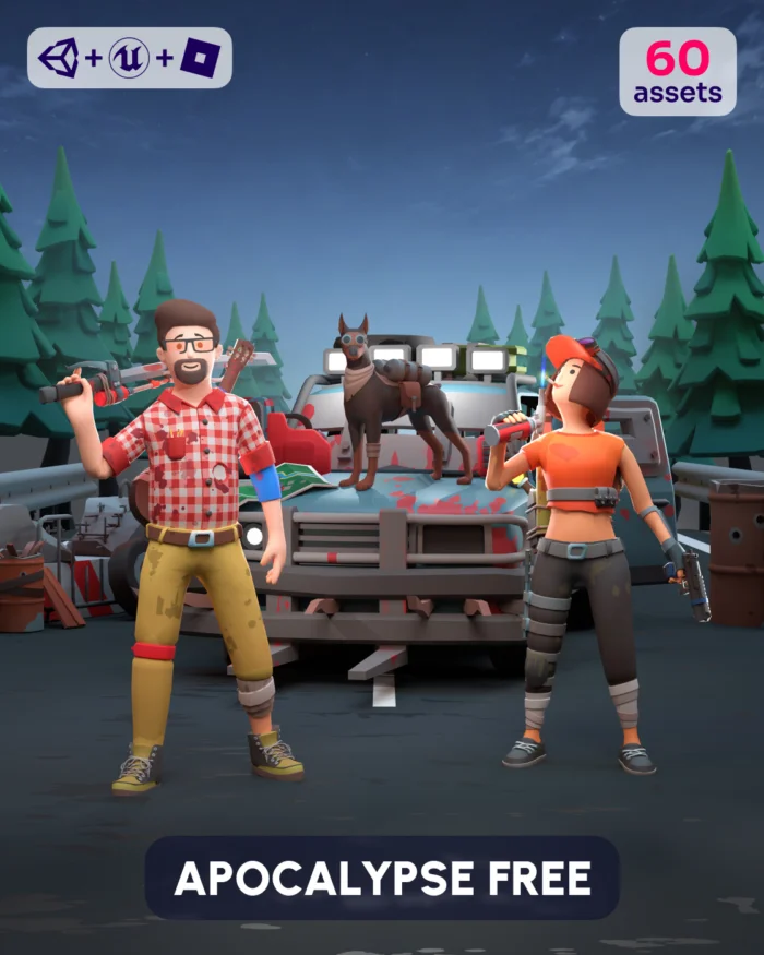 Apocalypse Free 3D asset pack with characters, dog, and vehicle