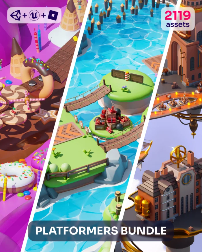 Unity 3D platformer assets bundle: candy world, water world, steampunk world