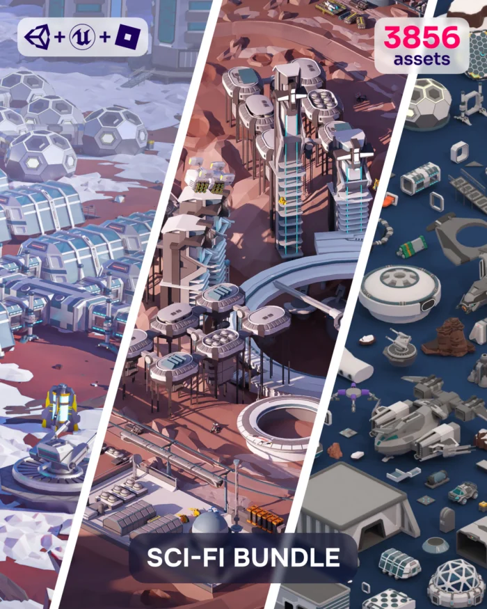 Sci-Fi Bundle: 3856 assets for sci-fi game development, showcasing futuristic bases and vehicles.