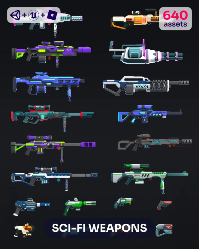 Collection of 640 sci-fi weapons, game assets, Unity, Unreal Engine
