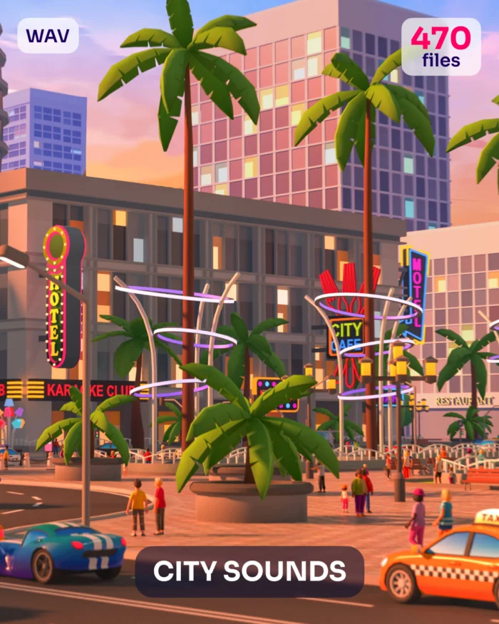 City sounds WAV file with 470 files, featuring a stylized city street at sunset with palm trees and buildings.