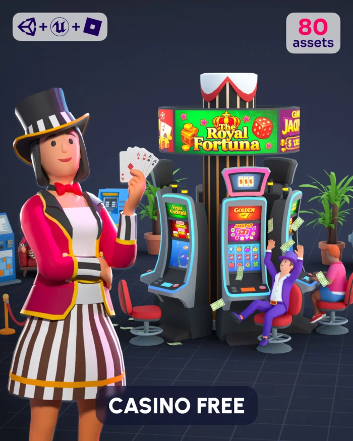 3D casino scene with slot machines, a woman in a top hat, and "The Royal Fortuna" jackpot sign.
