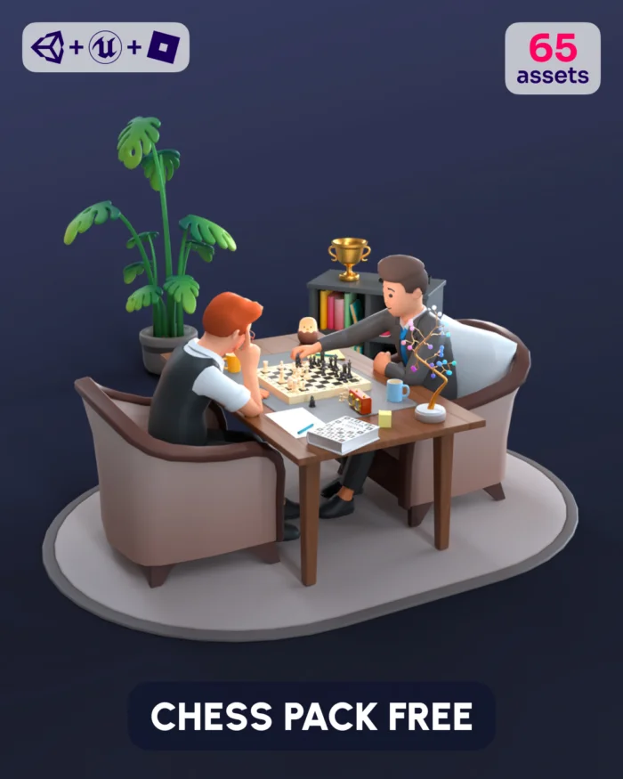 3D chess assets: Two men playing chess, trophy, plant, and room decor.