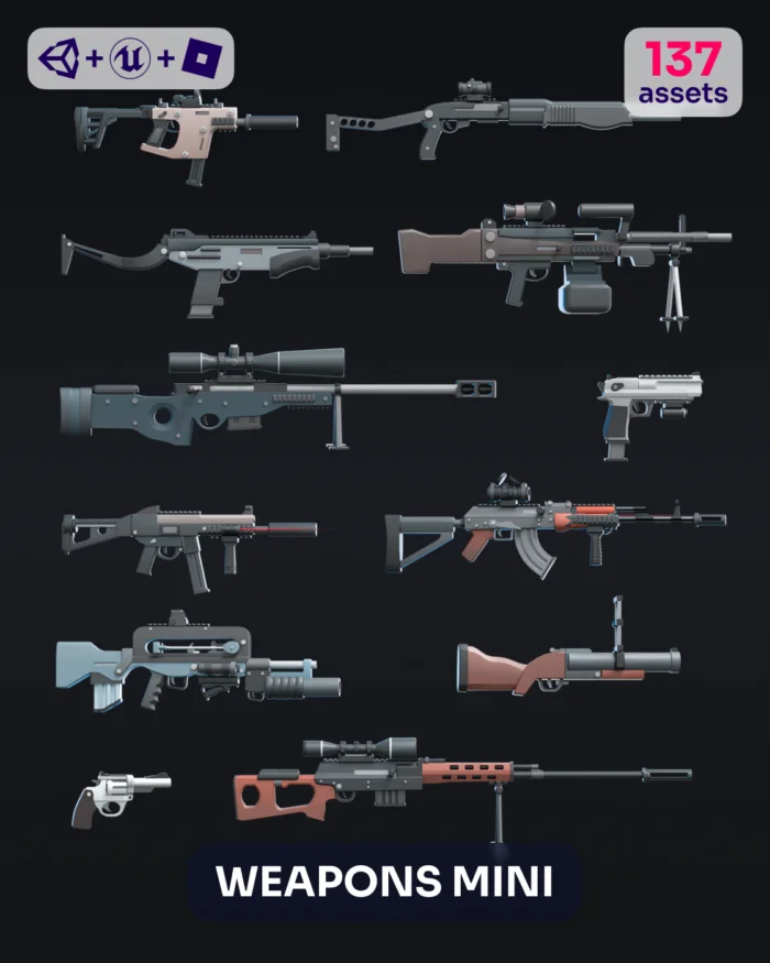 Collection of 137 stylized 3D weapon assets, including rifles, shotguns, and pistols.