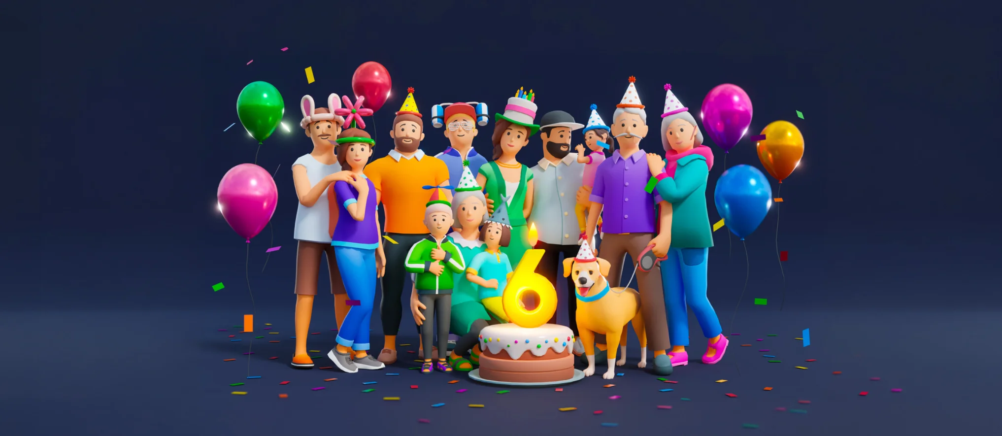 Happy family and dog celebrating 6th birthday with cake and balloons