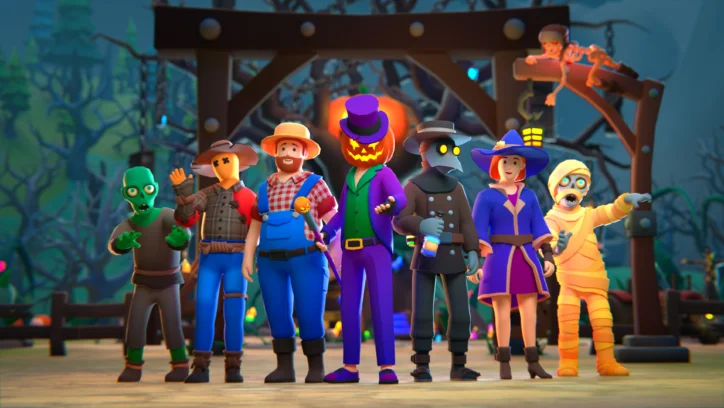 A group of diverse Halloween characters, including a zombie, farmer, and pumpkin-headed man, pose for a photo.