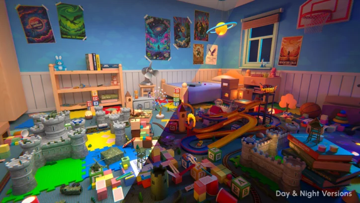 Day and night versions of a child's bedroom filled with toys, including castles, cars, and building blocks.