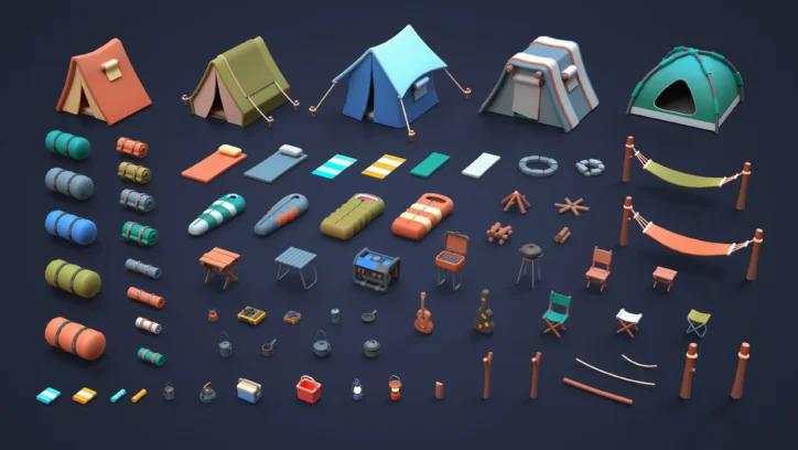 Collection of cartoon camping gear: tents, sleeping bags, chairs, lanterns, and more.