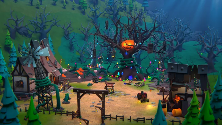 Spooky Halloween village scene with a giant jack-o'-lantern tree, haunted forest, and quaint buildings.