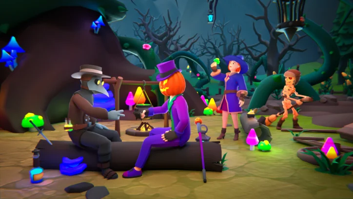 Halloween characters: plague doctor, pumpkin, witch, and skeleton gather around a campfire.