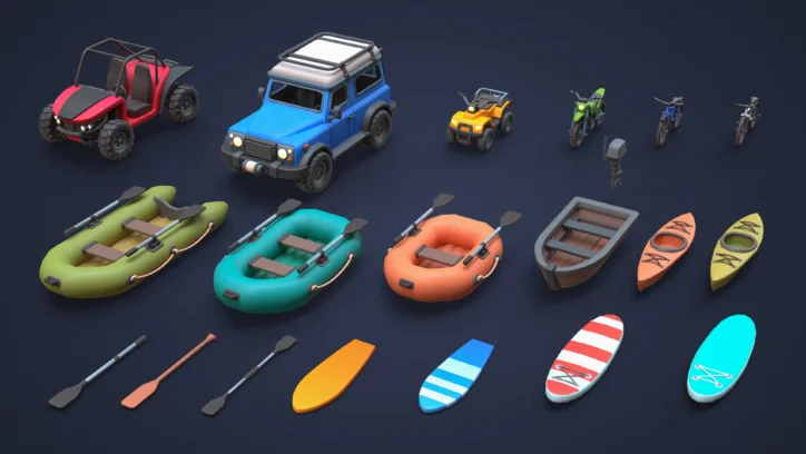 Collection of cartoon-style outdoor recreation vehicles and watercraft.