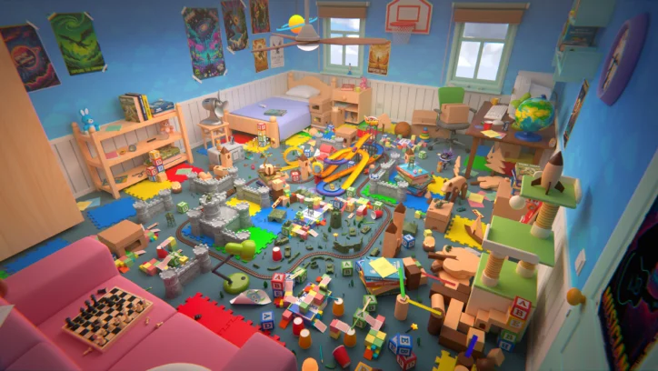 A child's bedroom overflowing with toys, including a train set and castle.