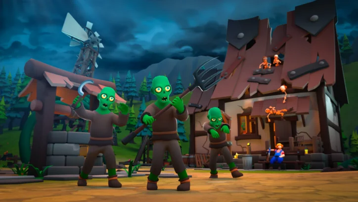 Cartoon zombies attack a rustic village with a windmill and thatched-roof house.