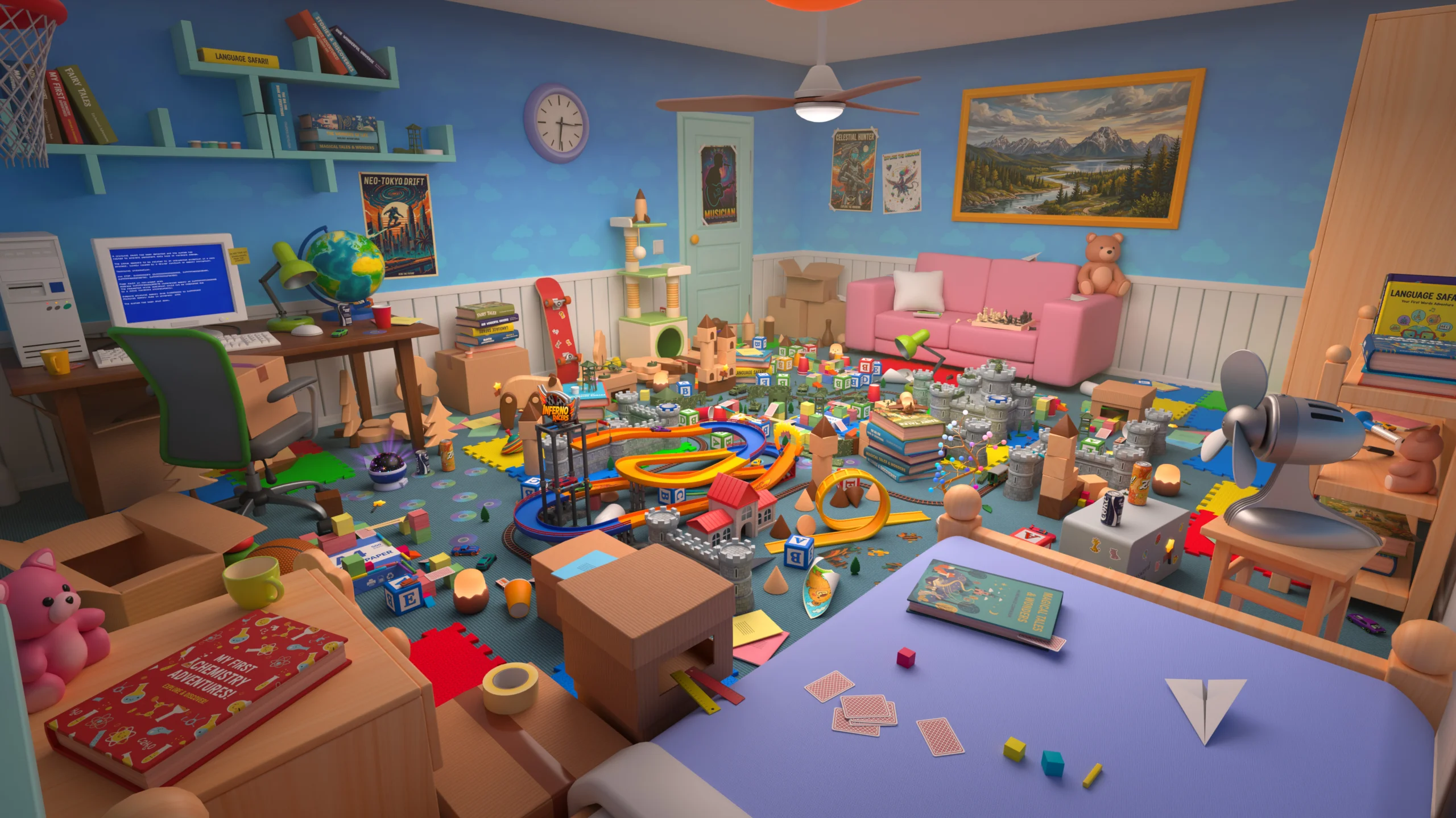 Messy kids' playroom with toys, train set, and furniture
