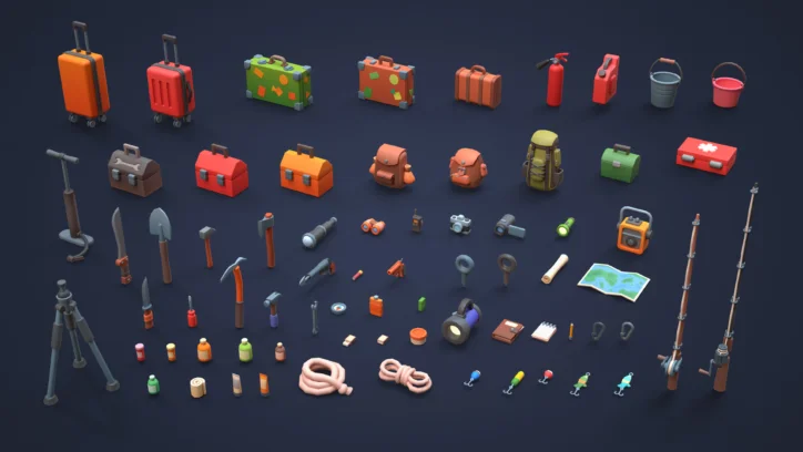 Collection of stylized cartoon camping and travel gear, including luggage, backpacks, tools, and fishing rods.